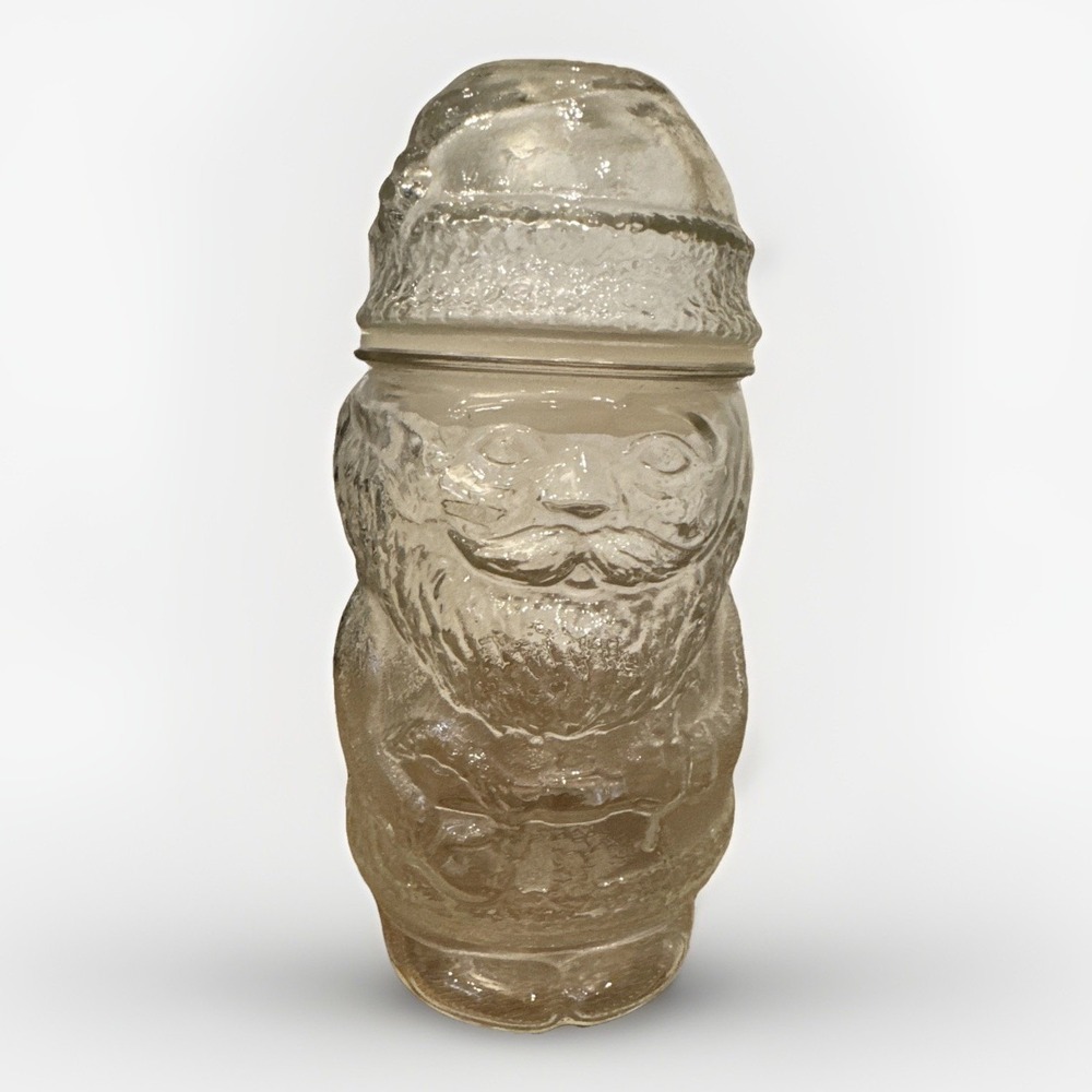 Santa Claus St. Nick Jar Cookie Candy Glass Lid LIBBEY Canada Christmas Vintage